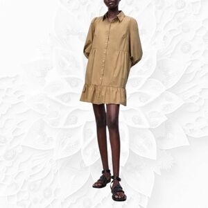 Zara Tan Collared Dress With Buttons Down Front